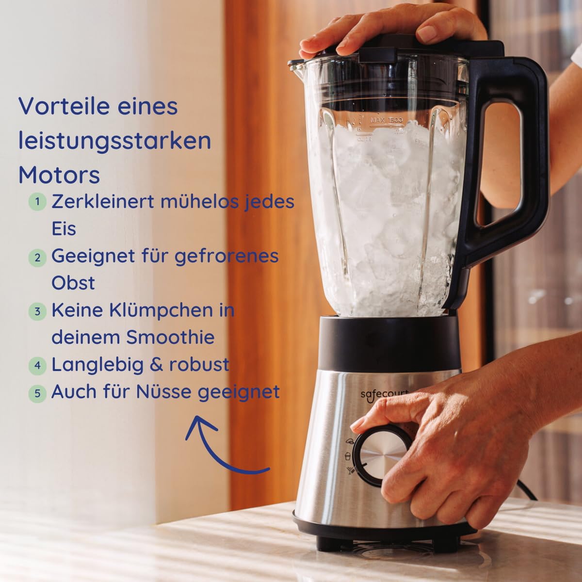 Safecourt standmixer – Kraftvoller Smoothie Maker, Blender & Mixer [1300W & 1,5L Glasbehälter] – für Smoothies, Shakes, Suppen, Dips und mehr [inkl. Sportbecher To-Go + Kaffeemühle]