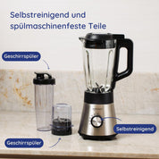Safecourt standmixer – Kraftvoller Smoothie Maker, Blender & Mixer [1300W & 1,5L Glasbehälter] – für Smoothies, Shakes, Suppen, Dips und mehr [inkl. Sportbecher To-Go + Kaffeemühle]