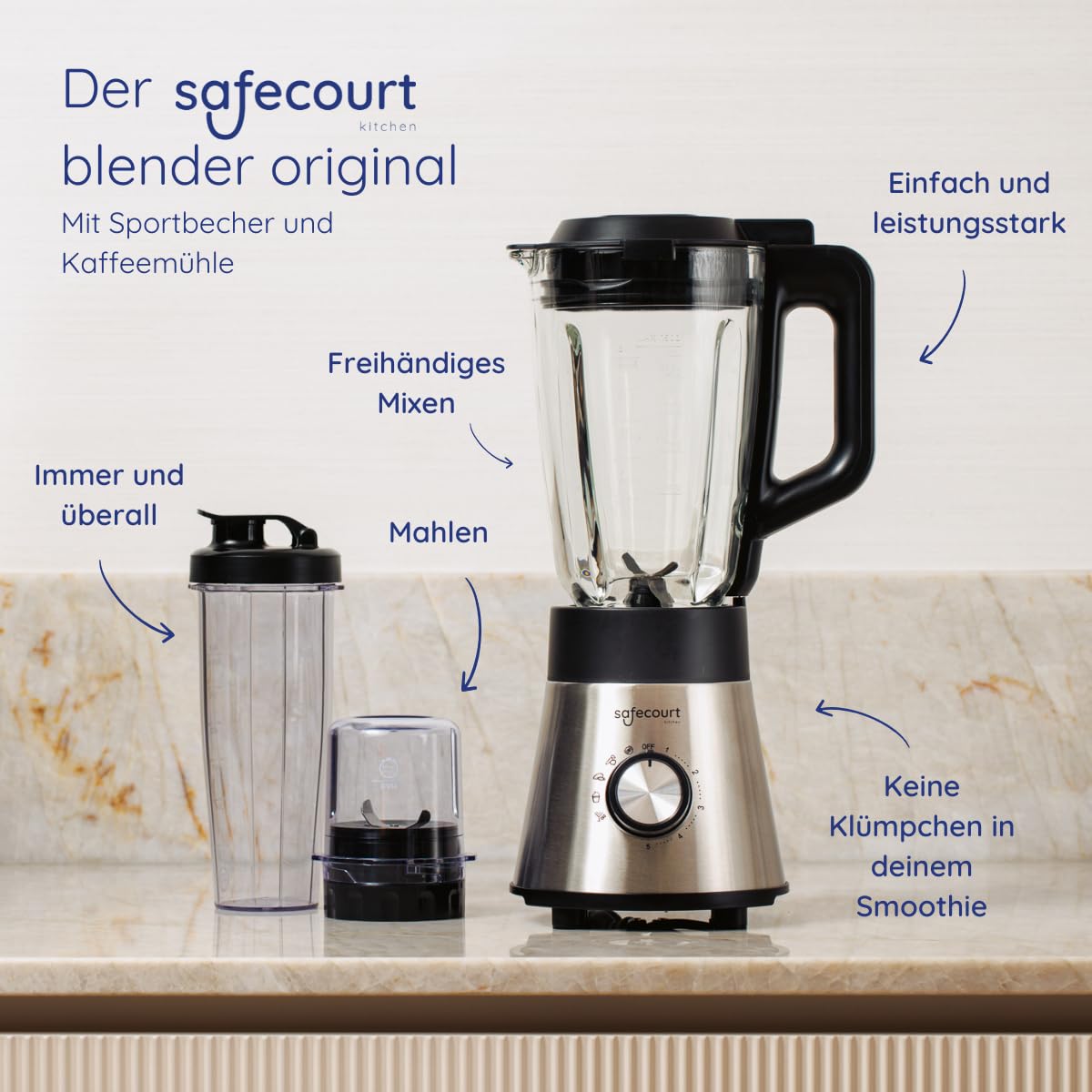 Safecourt standmixer – Kraftvoller Smoothie Maker, Blender & Mixer [1300W & 1,5L Glasbehälter] – für Smoothies, Shakes, Suppen, Dips und mehr [inkl. Sportbecher To-Go + Kaffeemühle]