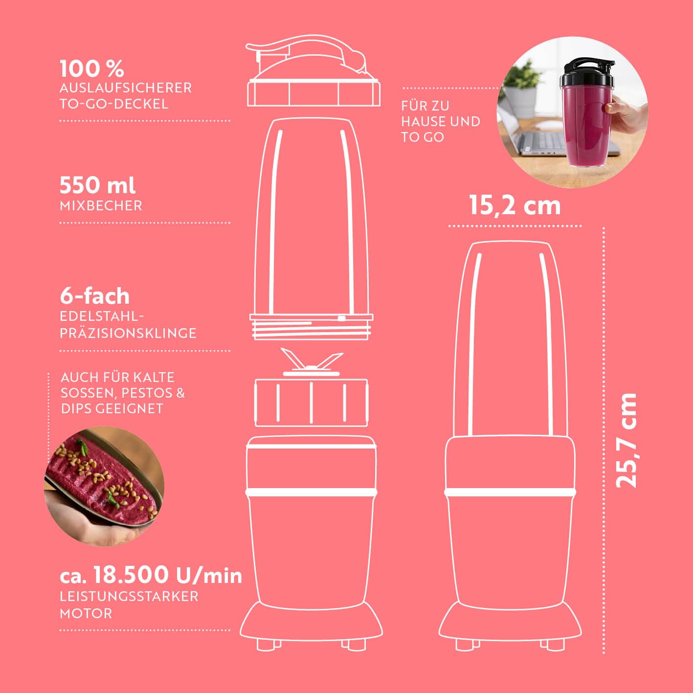 GOURMETmaxx Mixer & Smoothie Maker 4-tlg. | Standmixer elektrisch für den Vitaminkick to go | Nutrition Mixer mit auslaufsicherem Deckel | Blender, Food Processor für Shakes & Co.