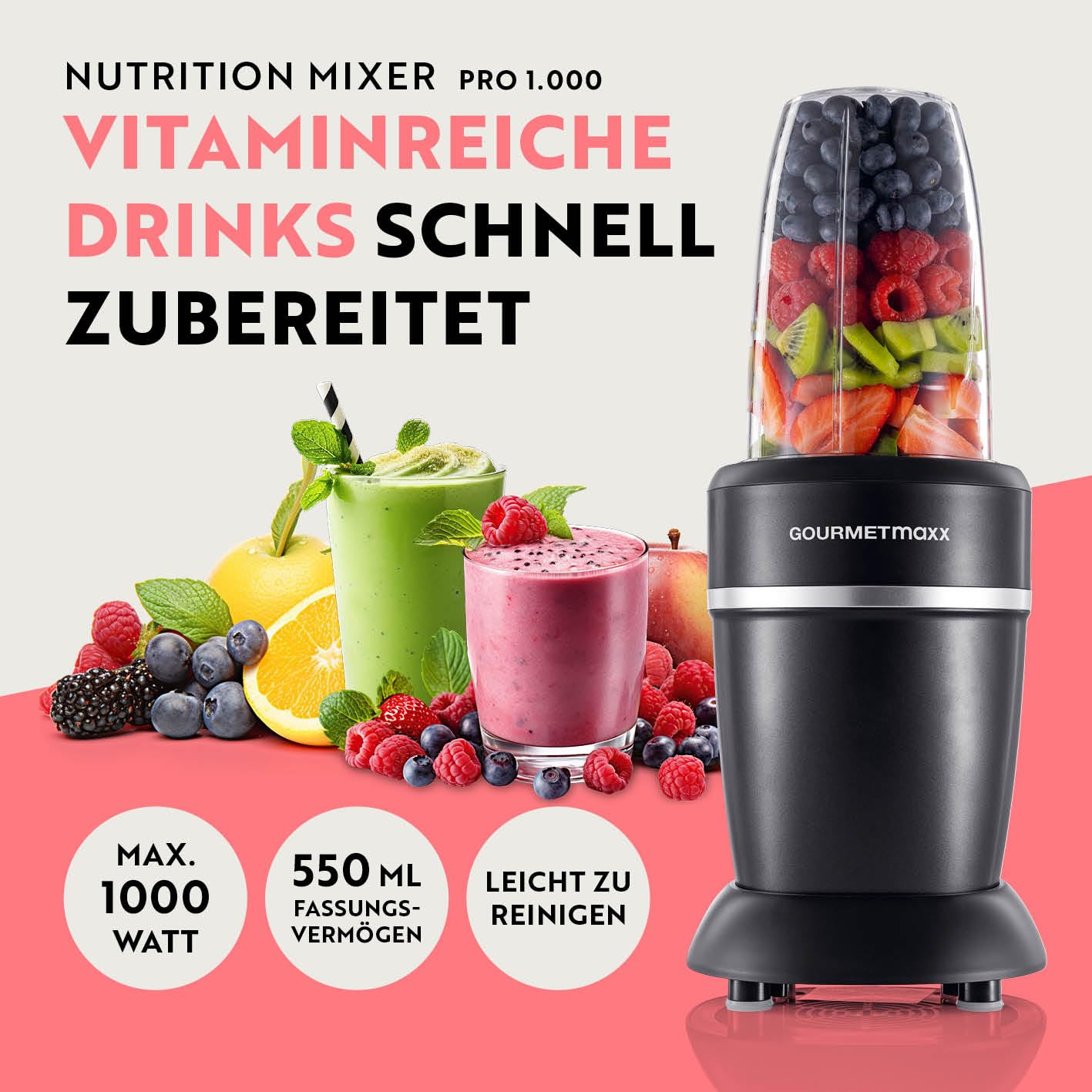 GOURMETmaxx Mixer & Smoothie Maker 4-tlg. | Standmixer elektrisch für den Vitaminkick to go | Nutrition Mixer mit auslaufsicherem Deckel | Blender, Food Processor für Shakes & Co.