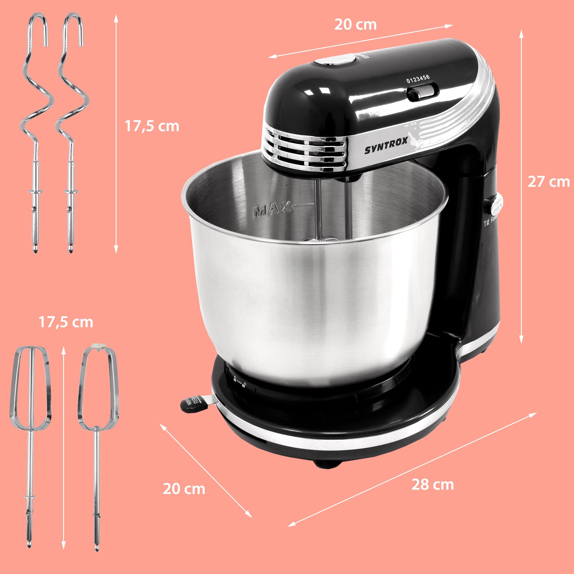 Syntrox Germany Küchenmaschine Knetmaschine Rührbesen Knethaken Standmixer KM-250W Delight mit 3 Liter Edelstahlschüssel