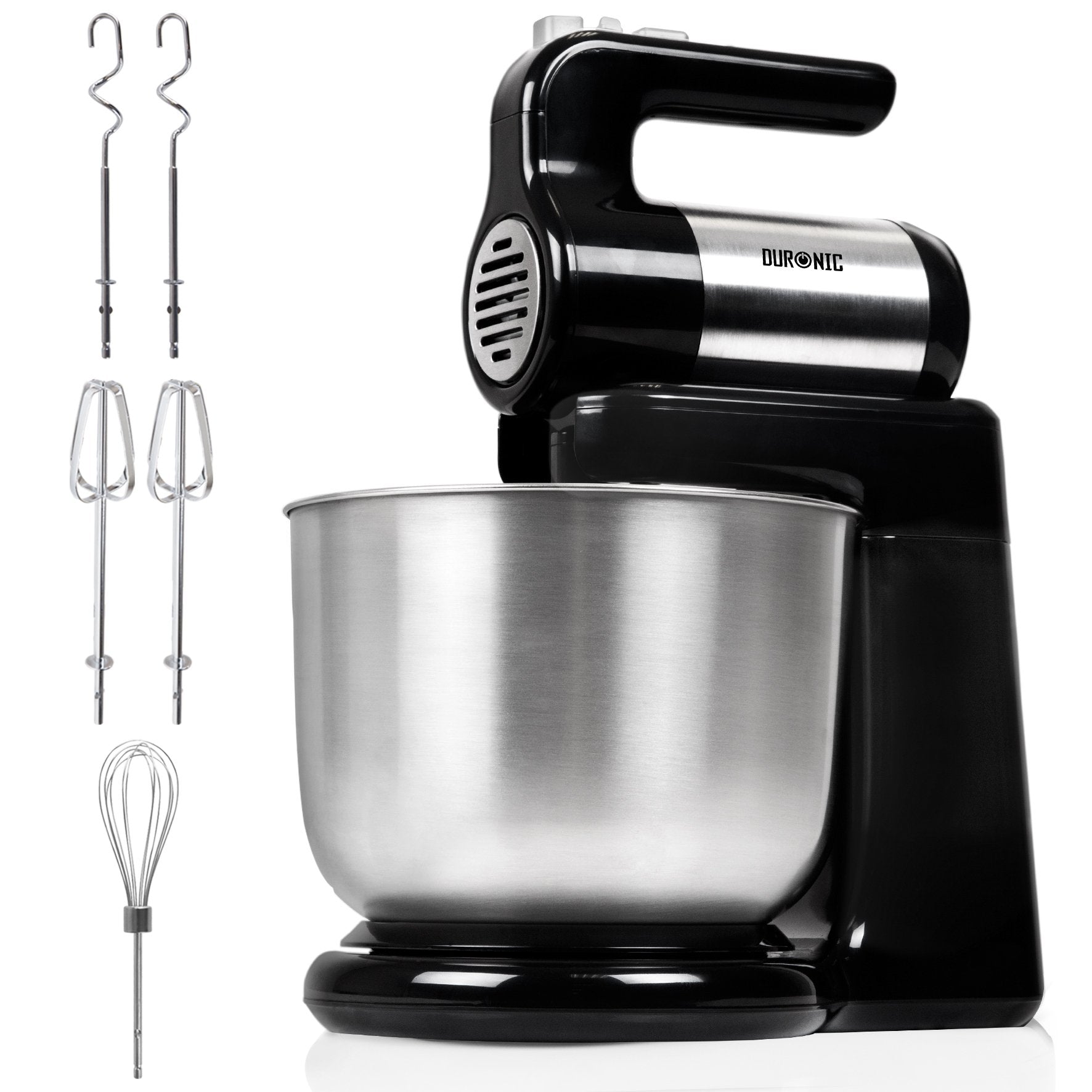 Duronic SM3 elektrische Küchenmaschine 300W, 2 in 1 Standmixer mit 4L Edelstahlschüssel, Handmixer, Knetmaschine, Teigmaschine, Handrührgerät, Mixer für Backen, Sahne, Teig, Saucen, Desserts