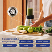Safecourt standmixer – Kraftvoller Smoothie Maker, Blender & Mixer [1300W & 1,5L Glasbehälter] – für Smoothies, Shakes, Suppen, Dips und mehr [inkl. Sportbecher To-Go + Kaffeemühle]