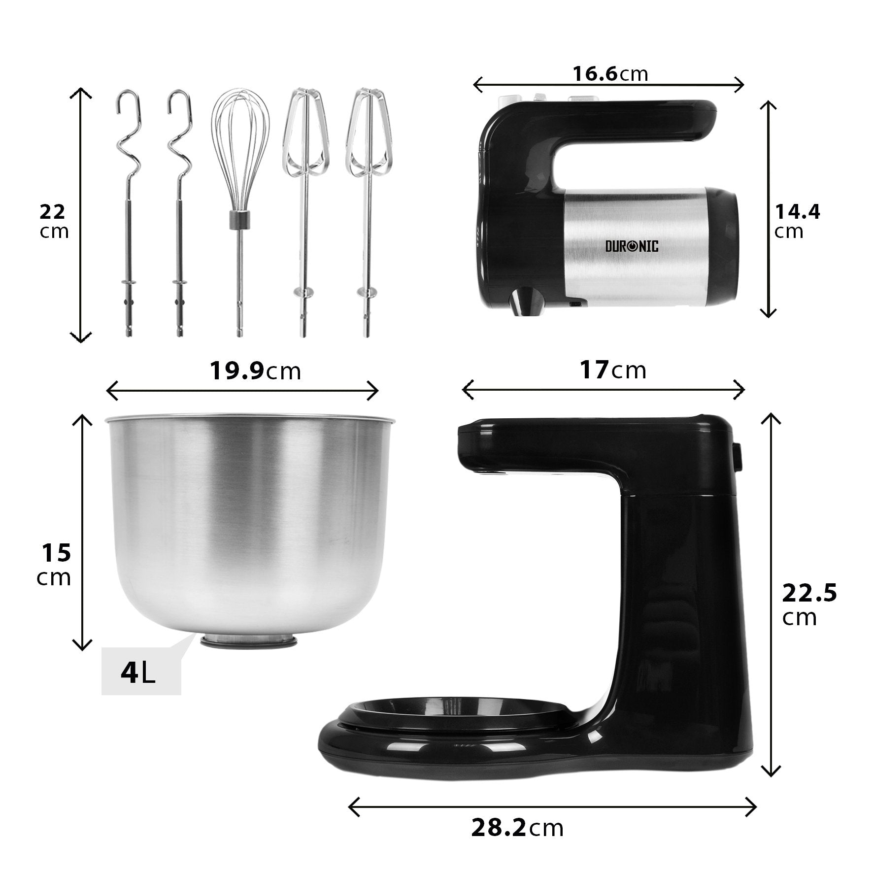 Duronic SM3 elektrische Küchenmaschine 300W, 2 in 1 Standmixer mit 4L Edelstahlschüssel, Handmixer, Knetmaschine, Teigmaschine, Handrührgerät, Mixer für Backen, Sahne, Teig, Saucen, Desserts