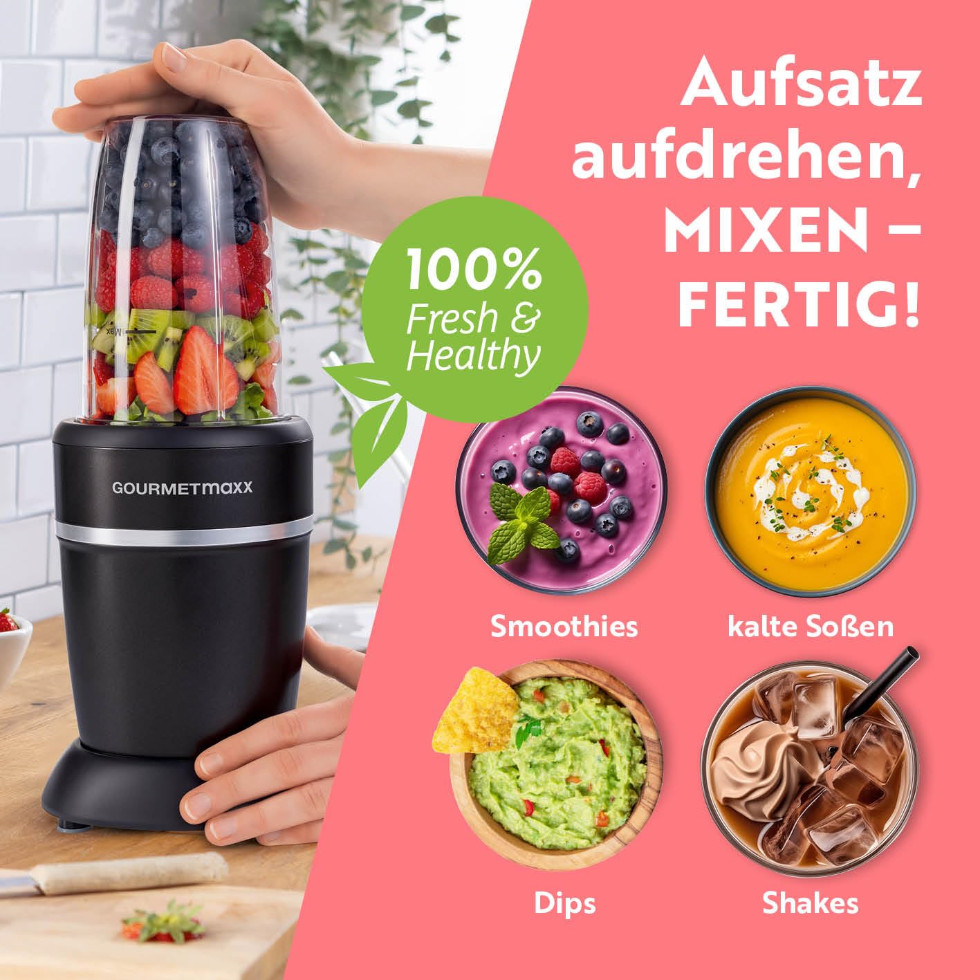 GOURMETmaxx Mixer & Smoothie Maker 4-tlg. | Standmixer elektrisch für den Vitaminkick to go | Nutrition Mixer mit auslaufsicherem Deckel | Blender, Food Processor für Shakes & Co.