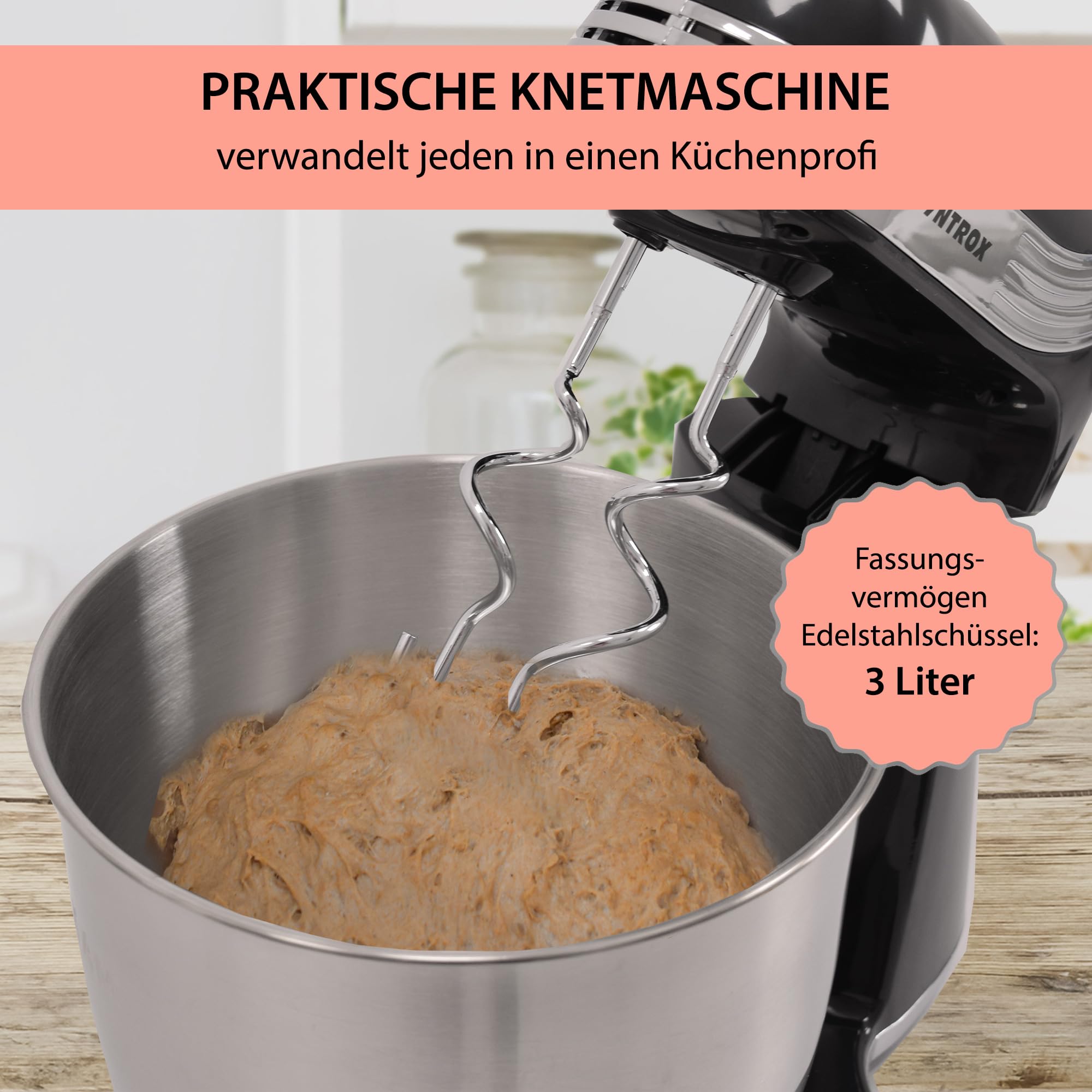 Syntrox Germany Küchenmaschine Knetmaschine Rührbesen Knethaken Standmixer KM-250W Delight mit 3 Liter Edelstahlschüssel