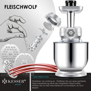 KESSER® 3 in 1 Universal Küchenmaschine K-KM 3000 mit Fleischwolf Knetmaschine Multifunktionale Rührmaschine 5,5L Schüssel mit 3 Rührwerkzeuge, 1,5L Entsafter, Zubehör-Set, Pasta & Gebäckformen