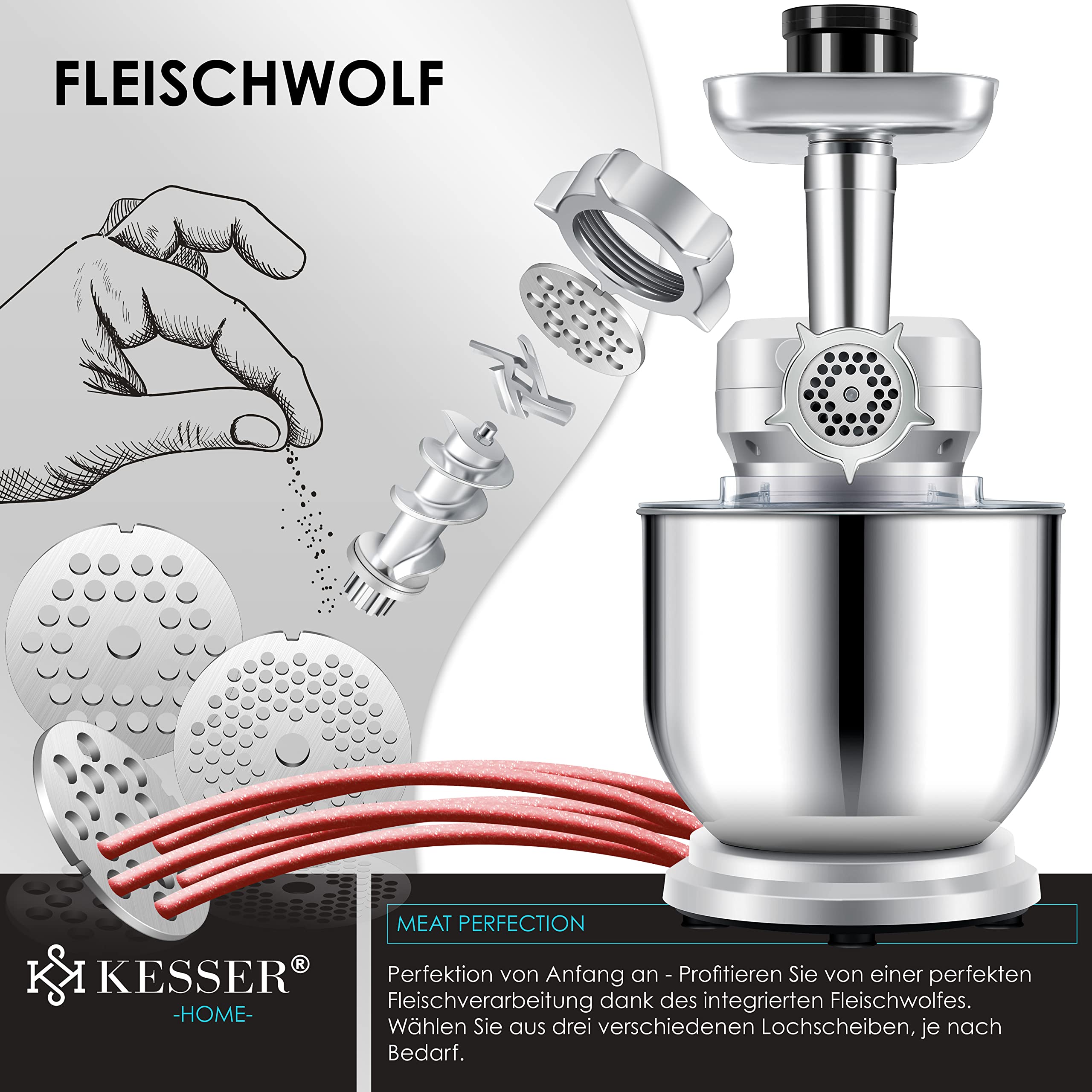 KESSER® 3 in 1 Universal Küchenmaschine K-KM 3000 mit Fleischwolf Knetmaschine Multifunktionale Rührmaschine 5,5L Schüssel mit 3 Rührwerkzeuge, 1,5L Entsafter, Zubehör-Set, Pasta & Gebäckformen