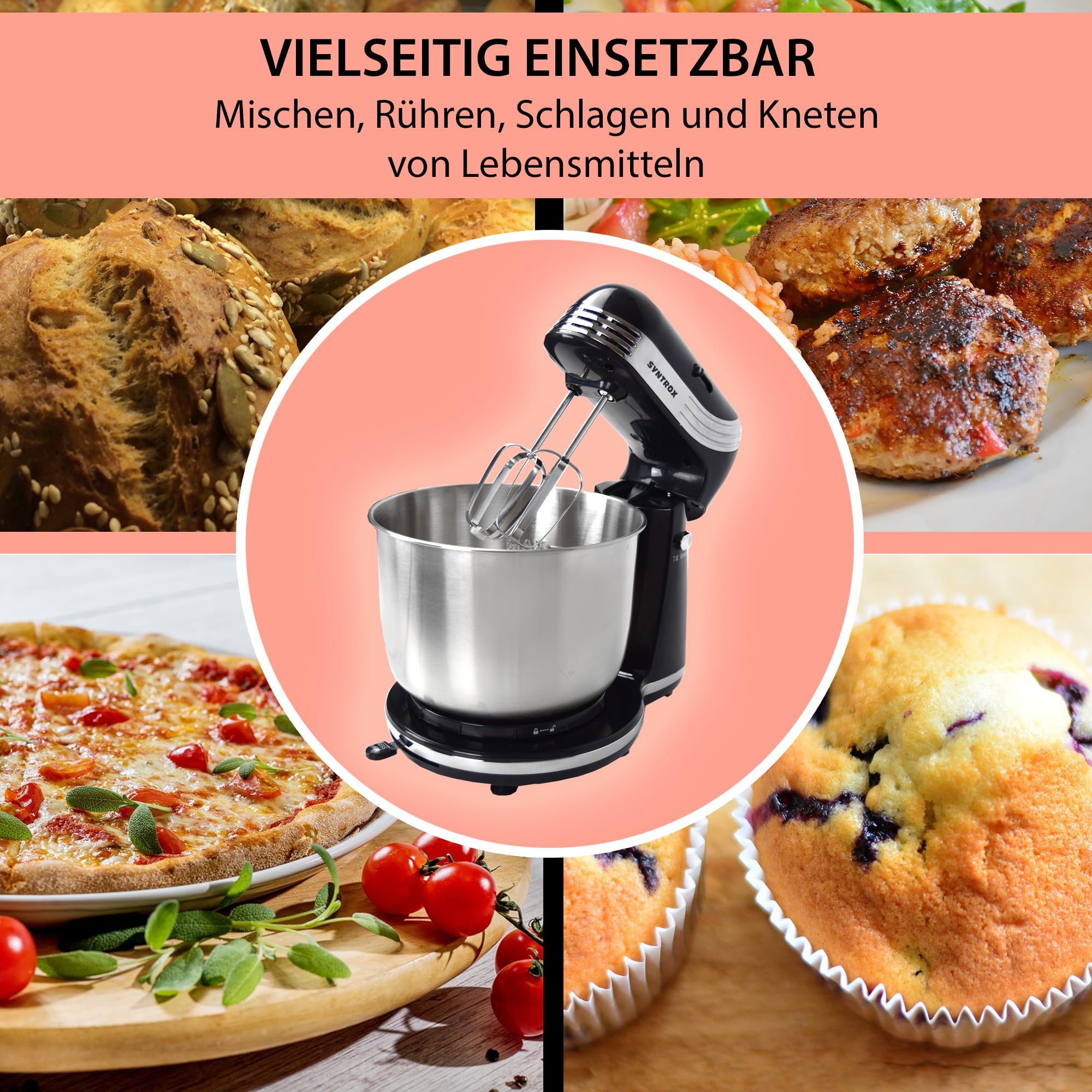 Syntrox Germany Küchenmaschine Knetmaschine Rührbesen Knethaken Standmixer KM-250W Delight mit 3 Liter Edelstahlschüssel