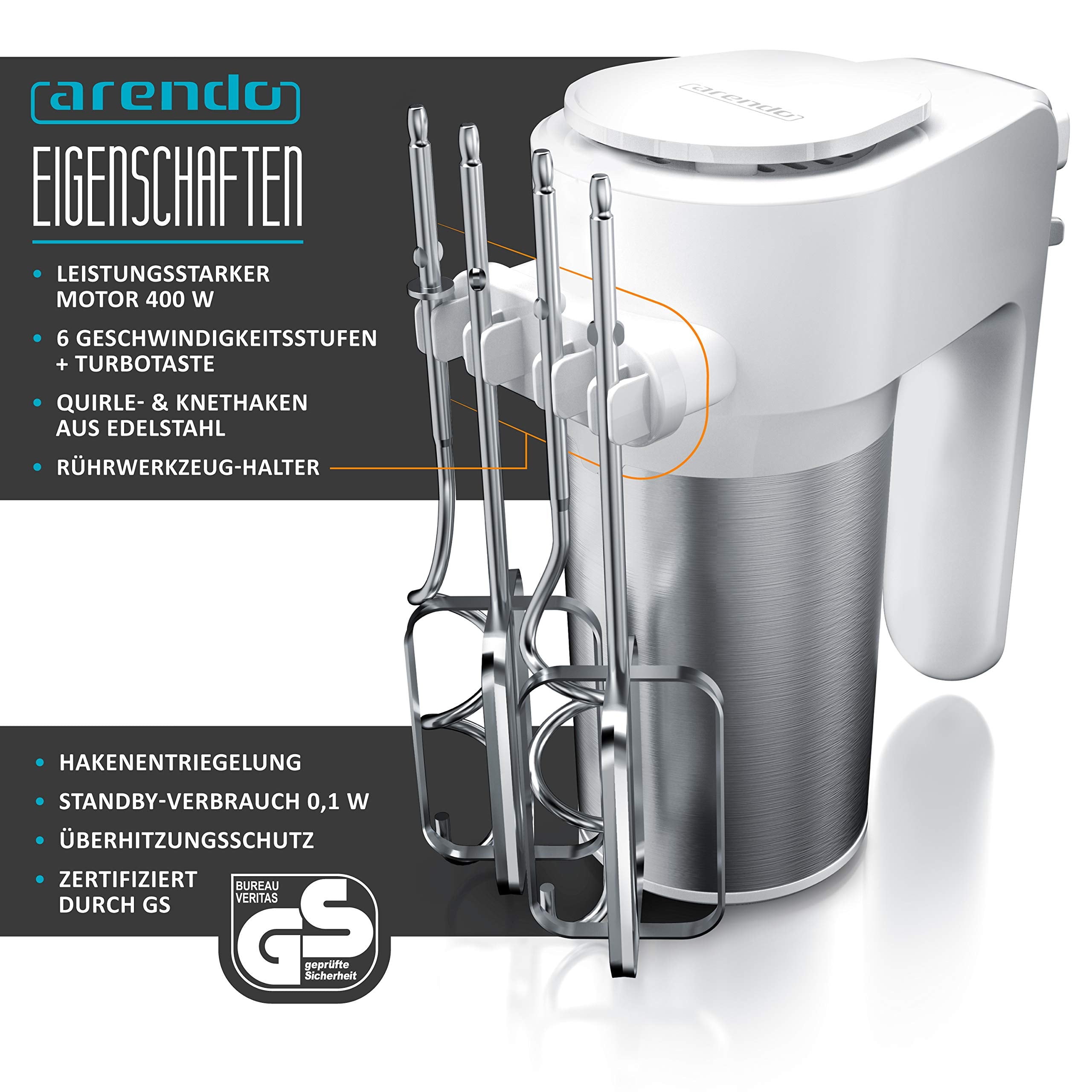 Arendo - Elektrischer Handmixer Edelstahl 400 W - Handrührer mit 5 Geschwindigkeiten inkl. Turbofunktion Edelstahl - inkl. 2 Knethaken aus Edelstahl – ergonomisches Gehäuse – Thermosicherung