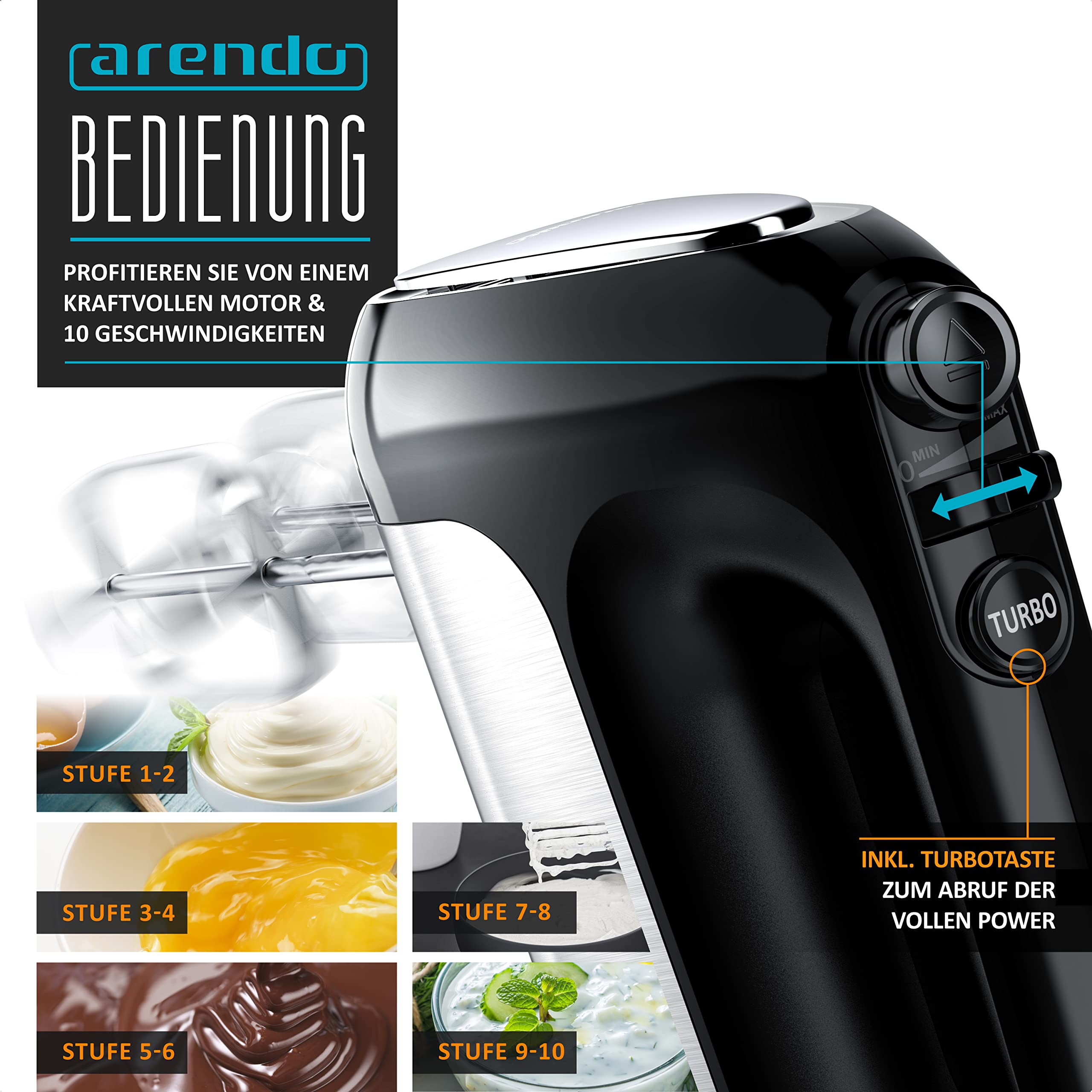 Arendo - Elektrischer Handmixer Handrührer 500 W - inkl. 2 Rührbesen und 2 Knethaken aus Edelstahl – Handrührgerät - Hakenentriegelung – Turbotaste – Thermosicherung – Edelstahloptik - schwarz