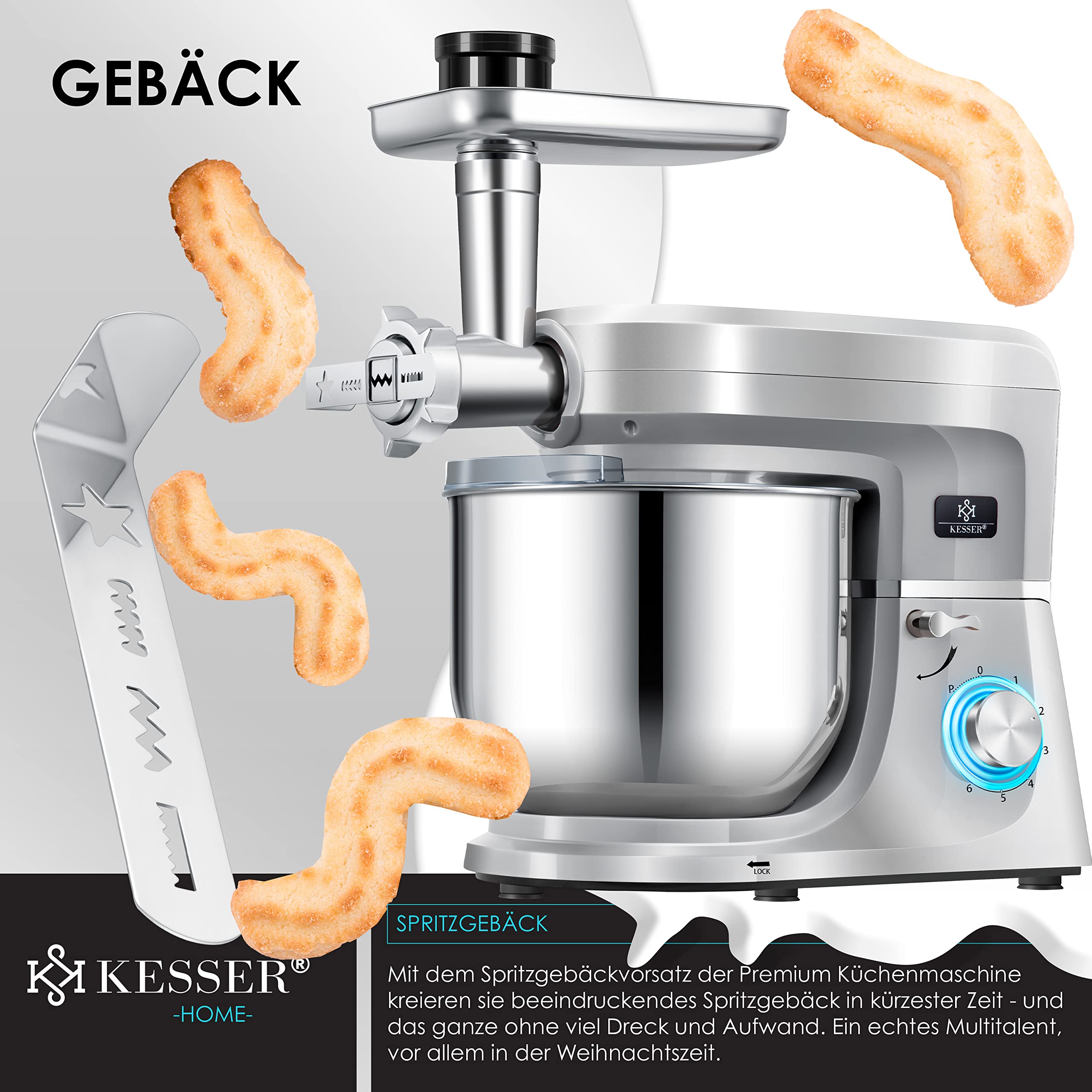 KESSER® 3 in 1 Universal Küchenmaschine K-KM 3000 mit Fleischwolf Knetmaschine Multifunktionale Rührmaschine 5,5L Schüssel mit 3 Rührwerkzeuge, 1,5L Entsafter, Zubehör-Set, Pasta & Gebäckformen