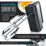 Arendo - Handmixer, Handrührer, 350 Watt, 2 Rührbesen, 2 Edelstahl-Knethaken, spülmaschinengeeignet, 5 Geschwindigkeiten Plus Turbo, schwarz/Silber