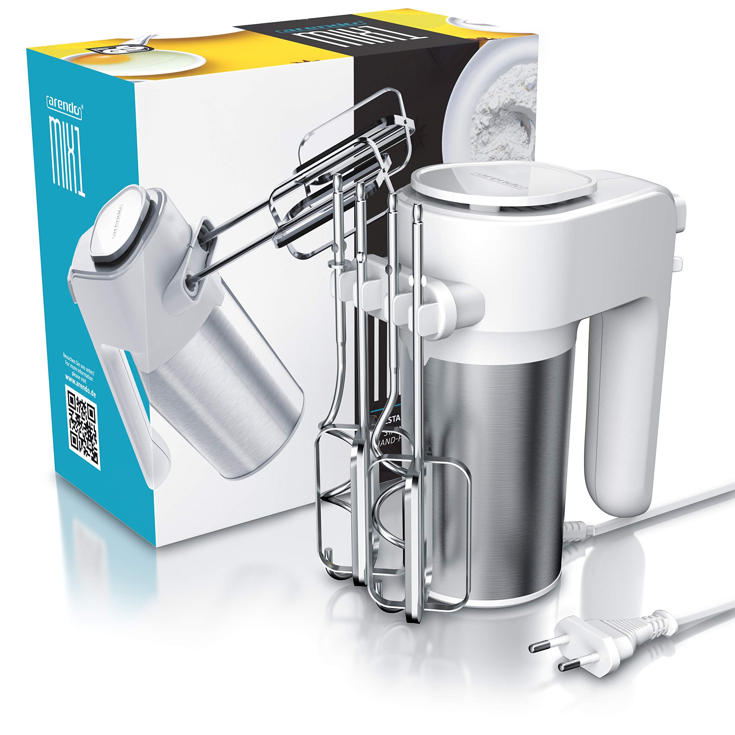 Arendo - Elektrischer Handmixer Edelstahl 400 W - Handrührer mit 5 Geschwindigkeiten inkl. Turbofunktion Edelstahl - inkl. 2 Knethaken aus Edelstahl – ergonomisches Gehäuse – Thermosicherung