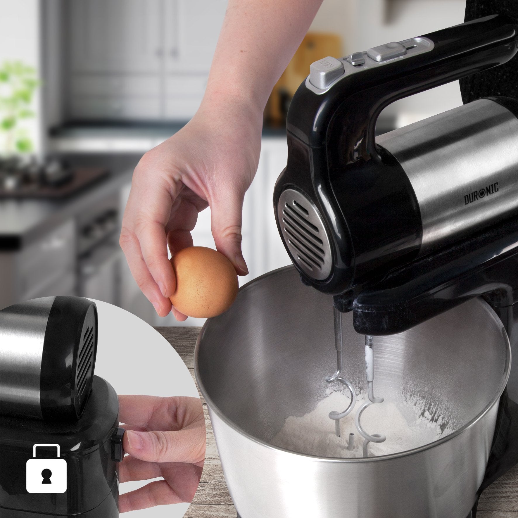 Duronic SM3 elektrische Küchenmaschine 300W, 2 in 1 Standmixer mit 4L Edelstahlschüssel, Handmixer, Knetmaschine, Teigmaschine, Handrührgerät, Mixer für Backen, Sahne, Teig, Saucen, Desserts