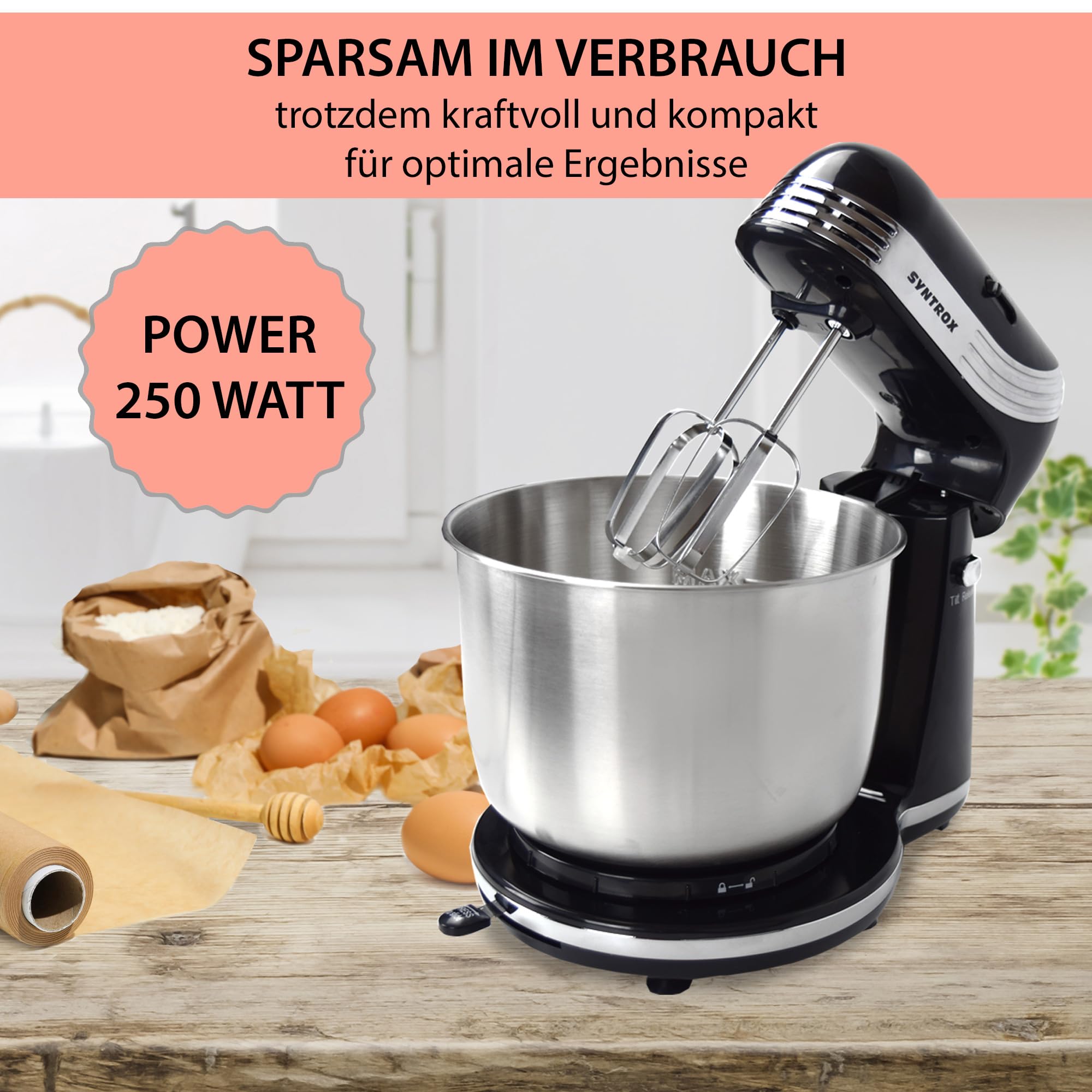 Syntrox Germany Küchenmaschine Knetmaschine Rührbesen Knethaken Standmixer KM-250W Delight mit 3 Liter Edelstahlschüssel