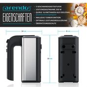 Arendo - Handmixer, Handrührer, 350 Watt, 2 Rührbesen, 2 Edelstahl-Knethaken, spülmaschinengeeignet, 5 Geschwindigkeiten Plus Turbo, schwarz/Silber