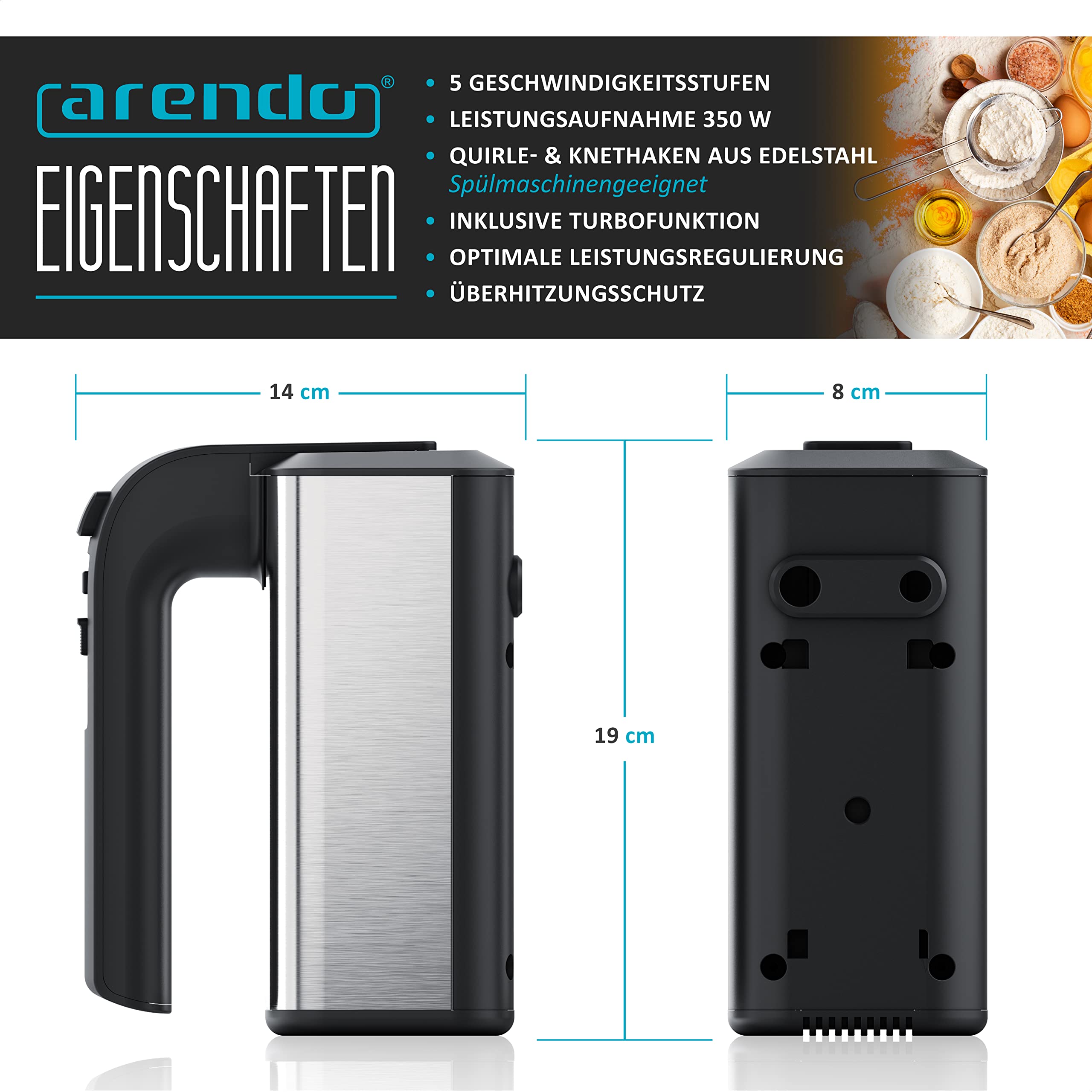 Arendo - Handmixer, Handrührer, 350 Watt, 2 Rührbesen, 2 Edelstahl-Knethaken, spülmaschinengeeignet, 5 Geschwindigkeiten Plus Turbo, schwarz/Silber
