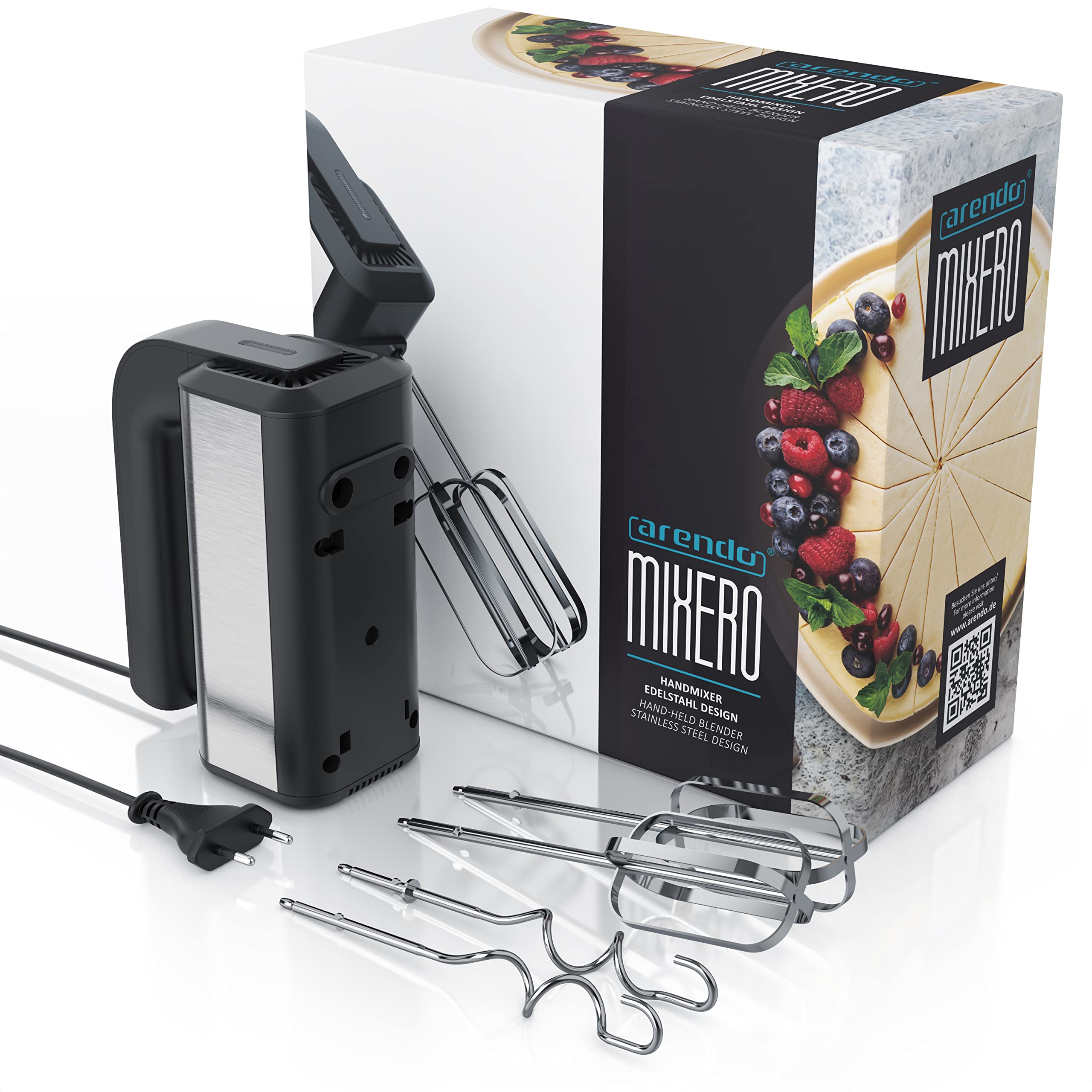 Arendo - Handmixer, Handrührer, 350 Watt, 2 Rührbesen, 2 Edelstahl-Knethaken, spülmaschinengeeignet, 5 Geschwindigkeiten Plus Turbo, schwarz/Silber