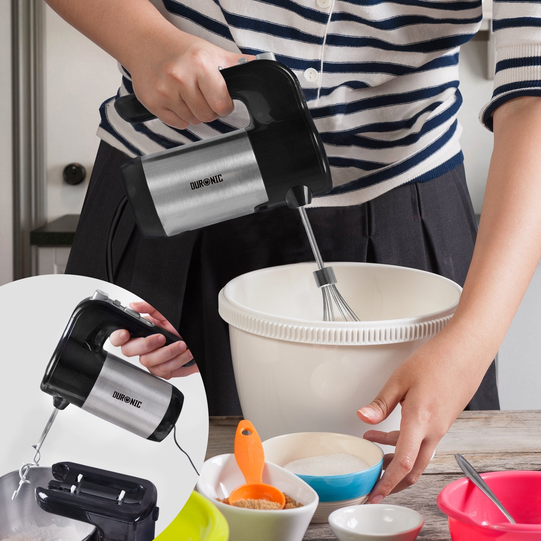 Duronic SM3 elektrische Küchenmaschine 300W, 2 in 1 Standmixer mit 4L Edelstahlschüssel, Handmixer, Knetmaschine, Teigmaschine, Handrührgerät, Mixer für Backen, Sahne, Teig, Saucen, Desserts