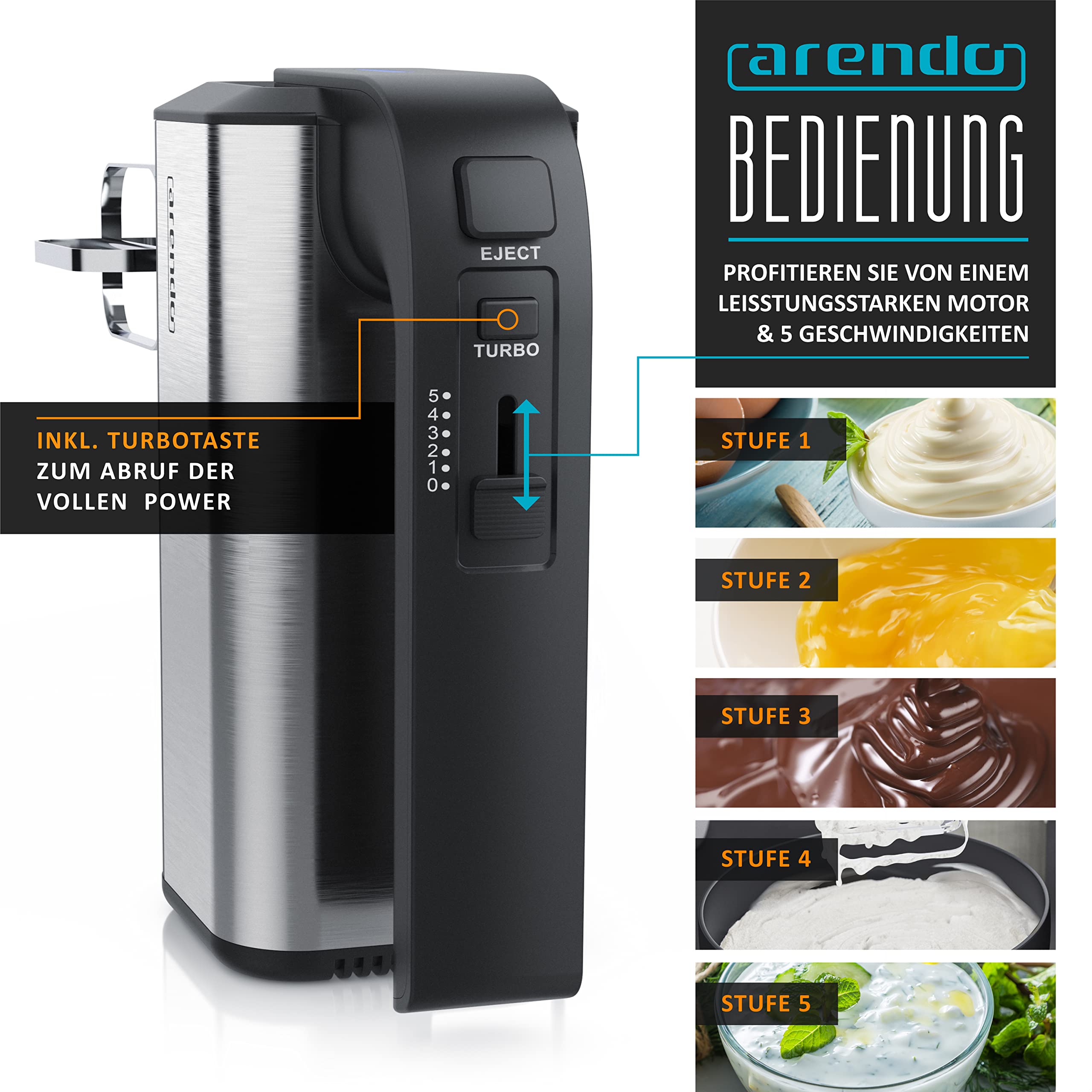 Arendo - Handmixer, Handrührer, 350 Watt, 2 Rührbesen, 2 Edelstahl-Knethaken, spülmaschinengeeignet, 5 Geschwindigkeiten Plus Turbo, schwarz/Silber