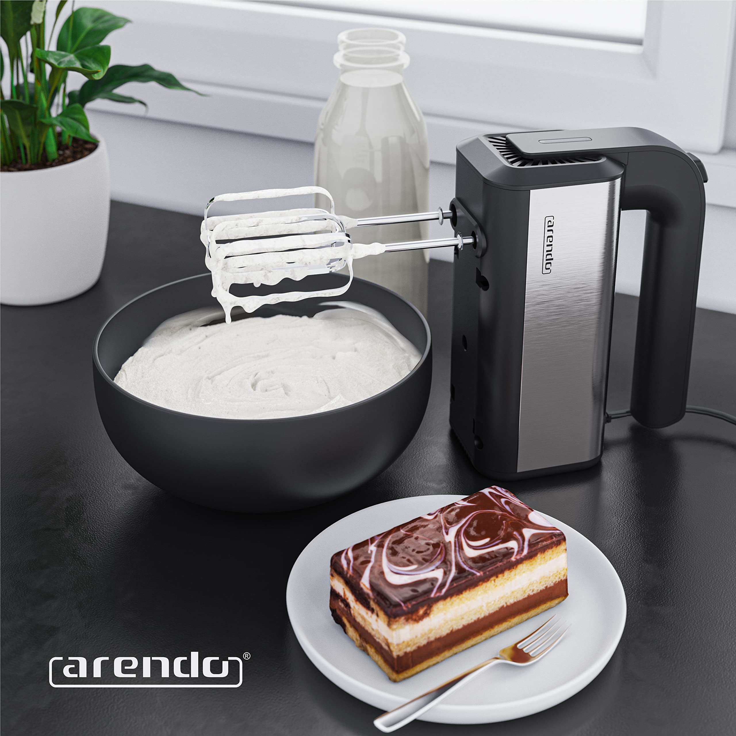 Arendo - Handmixer, Handrührer, 350 Watt, 2 Rührbesen, 2 Edelstahl-Knethaken, spülmaschinengeeignet, 5 Geschwindigkeiten Plus Turbo, schwarz/Silber