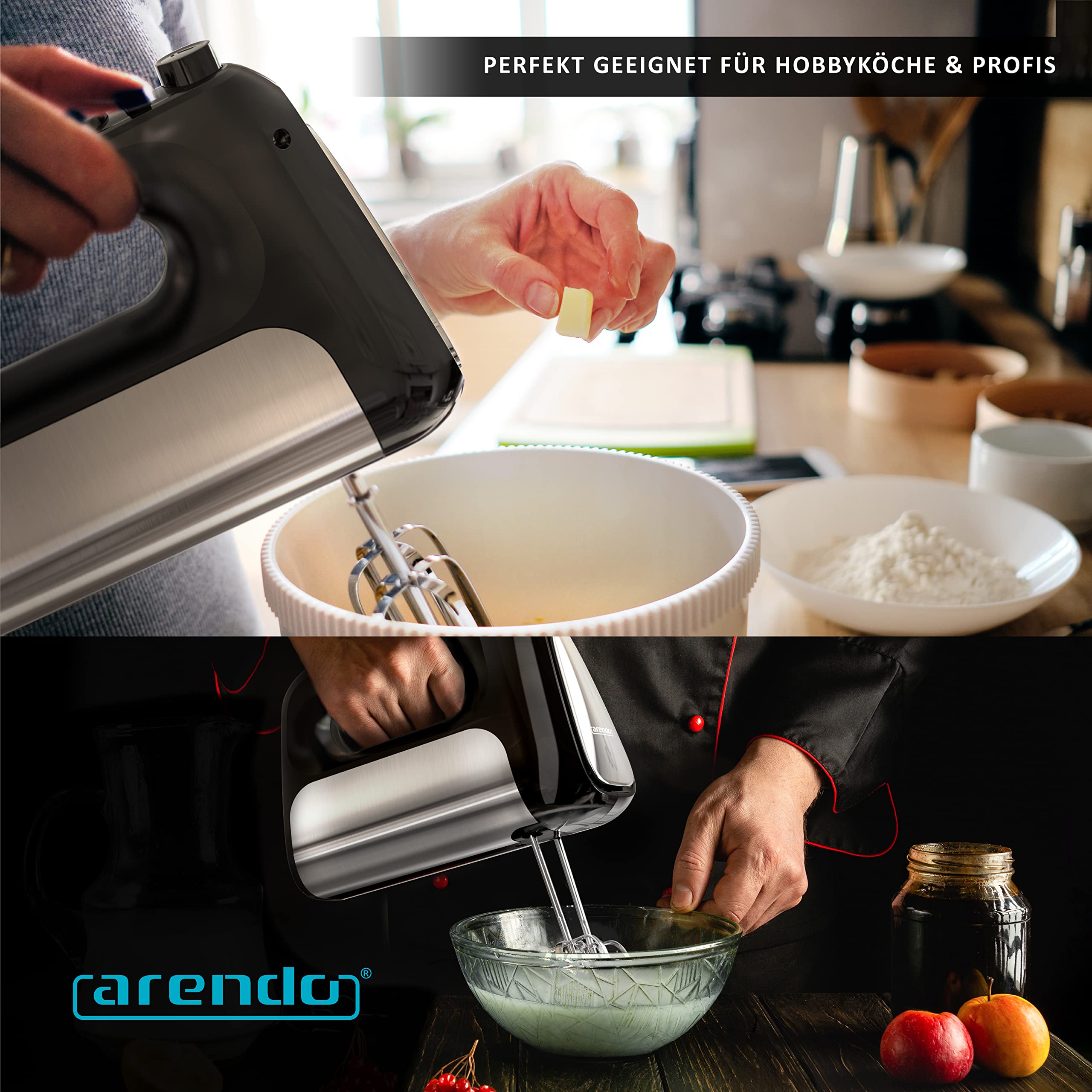 Arendo - Elektrischer Handmixer Handrührer 500 W - inkl. 2 Rührbesen und 2 Knethaken aus Edelstahl – Handrührgerät - Hakenentriegelung – Turbotaste – Thermosicherung – Edelstahloptik - schwarz