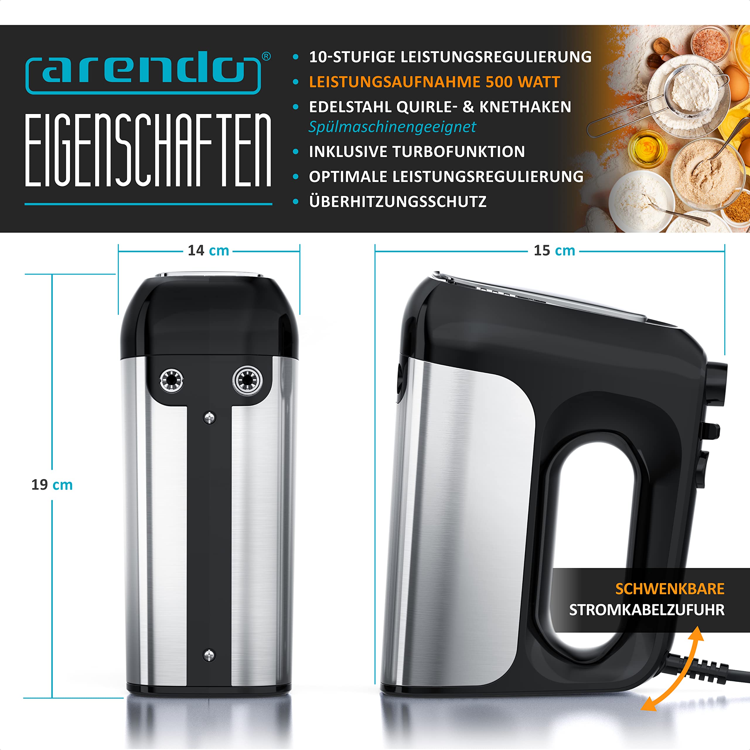 Arendo - Elektrischer Handmixer Handrührer 500 W - inkl. 2 Rührbesen und 2 Knethaken aus Edelstahl – Handrührgerät - Hakenentriegelung – Turbotaste – Thermosicherung – Edelstahloptik - schwarz