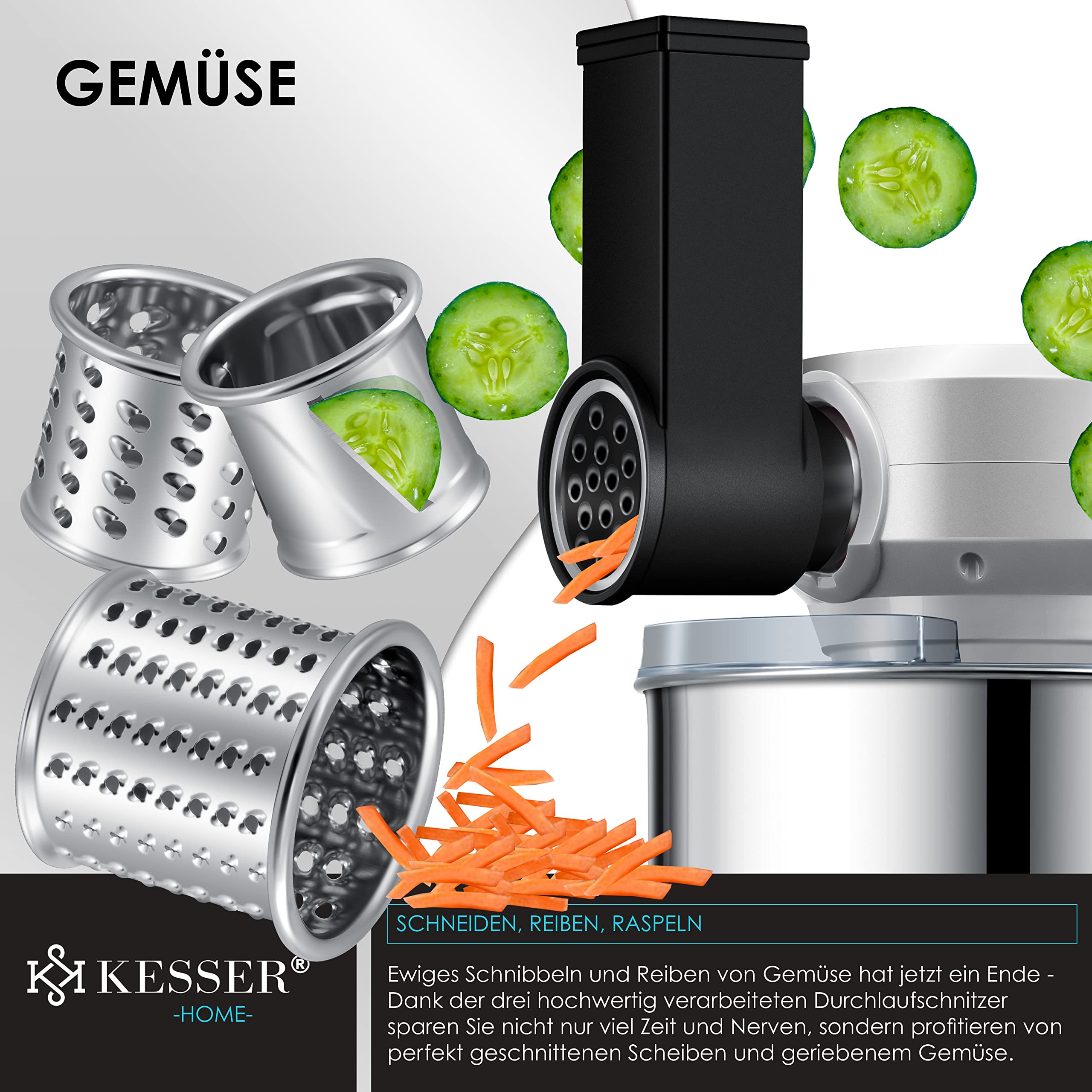 KESSER® 3 in 1 Universal Küchenmaschine K-KM 3000 mit Fleischwolf Knetmaschine Multifunktionale Rührmaschine 5,5L Schüssel mit 3 Rührwerkzeuge, 1,5L Entsafter, Zubehör-Set, Pasta & Gebäckformen