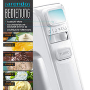 Arendo - Elektrischer Handmixer Edelstahl 400 W - Handrührer mit 5 Geschwindigkeiten inkl. Turbofunktion Edelstahl - inkl. 2 Knethaken aus Edelstahl – ergonomisches Gehäuse – Thermosicherung