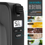 Arendo - Elektrischer Handmixer – Handrührer - Mixer Handrührgerät – Hakenentriegelung – Rührgerät mit Turbotaste - Küchenmixer 5 Geschwindigkeiten - Rührmixer Edelstahl