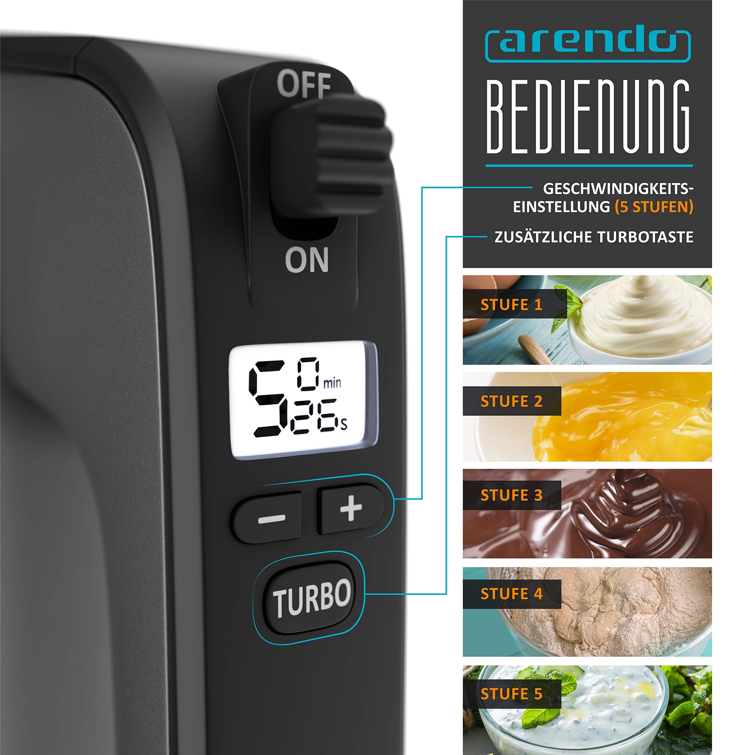 Arendo - Elektrischer Handmixer – Handrührer - Mixer Handrührgerät – Hakenentriegelung – Rührgerät mit Turbotaste - Küchenmixer 5 Geschwindigkeiten - Rührmixer Edelstahl