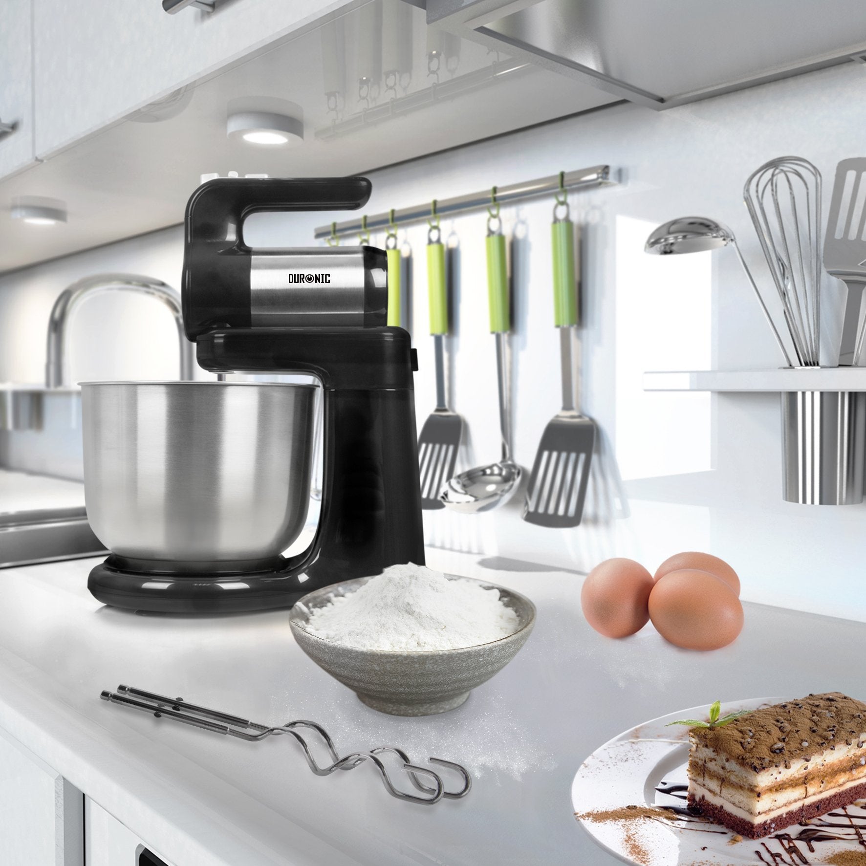 Duronic SM3 elektrische Küchenmaschine 300W, 2 in 1 Standmixer mit 4L Edelstahlschüssel, Handmixer, Knetmaschine, Teigmaschine, Handrührgerät, Mixer für Backen, Sahne, Teig, Saucen, Desserts