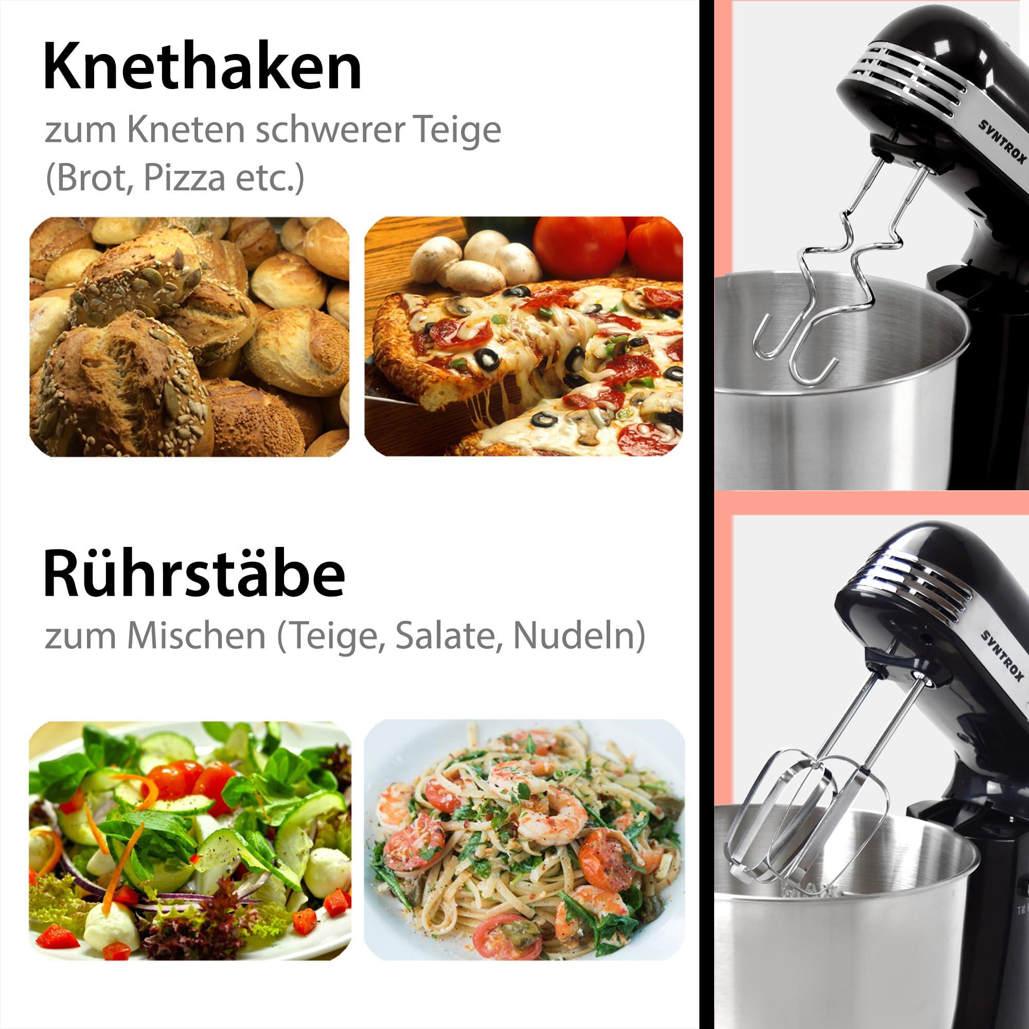 Syntrox Germany Küchenmaschine Knetmaschine Rührbesen Knethaken Standmixer KM-250W Delight mit 3 Liter Edelstahlschüssel