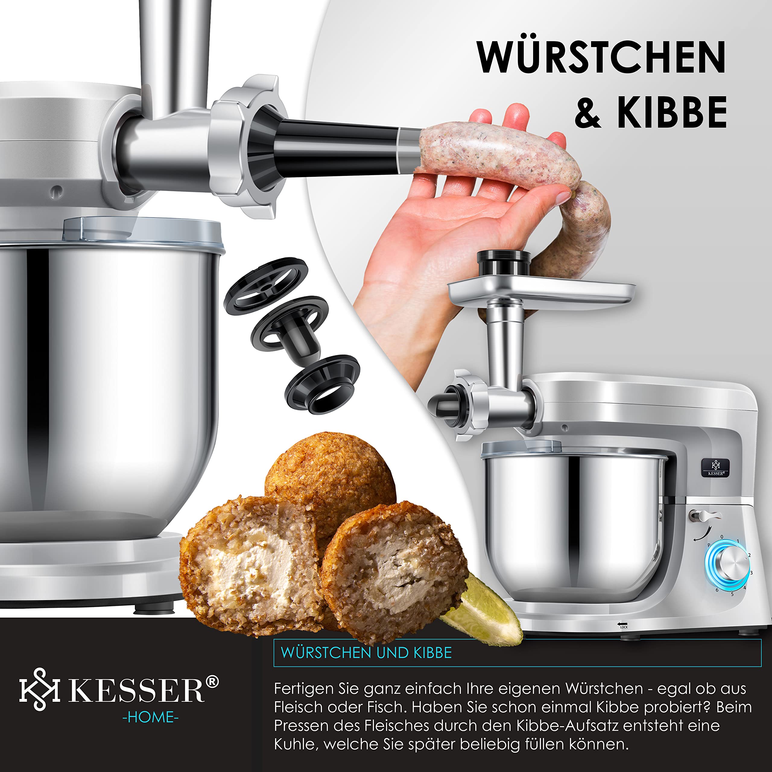 KESSER® 3 in 1 Universal Küchenmaschine K-KM 3000 mit Fleischwolf Knetmaschine Multifunktionale Rührmaschine 5,5L Schüssel mit 3 Rührwerkzeuge, 1,5L Entsafter, Zubehör-Set, Pasta & Gebäckformen