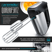 Arendo - Elektrischer Handmixer Handrührer 500 W - inkl. 2 Rührbesen und 2 Knethaken aus Edelstahl – Handrührgerät - Hakenentriegelung – Turbotaste – Thermosicherung – Edelstahloptik - schwarz