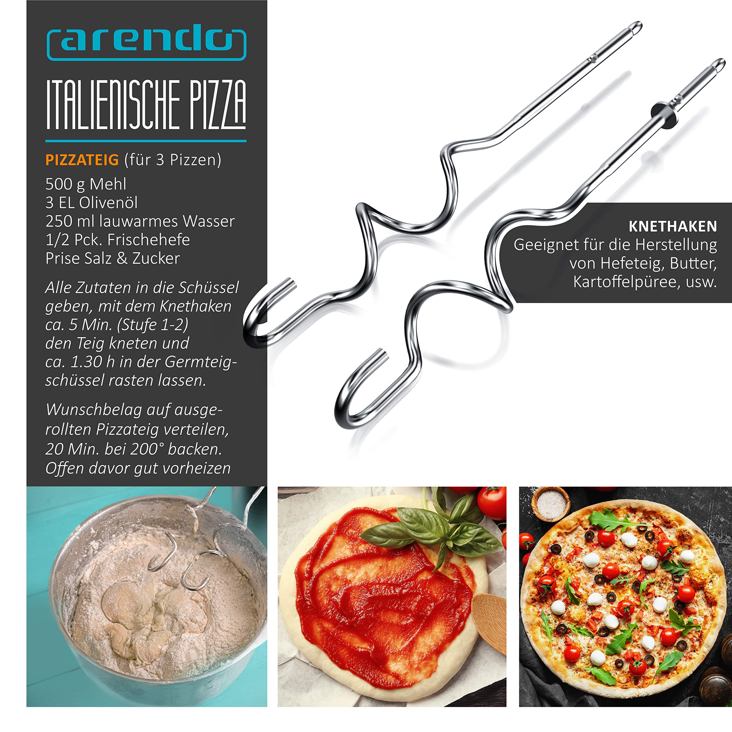 Arendo - Elektrischer Handmixer – Handrührer - Mixer Handrührgerät – Hakenentriegelung – Rührgerät mit Turbotaste - Küchenmixer 5 Geschwindigkeiten - Rührmixer Edelstahl