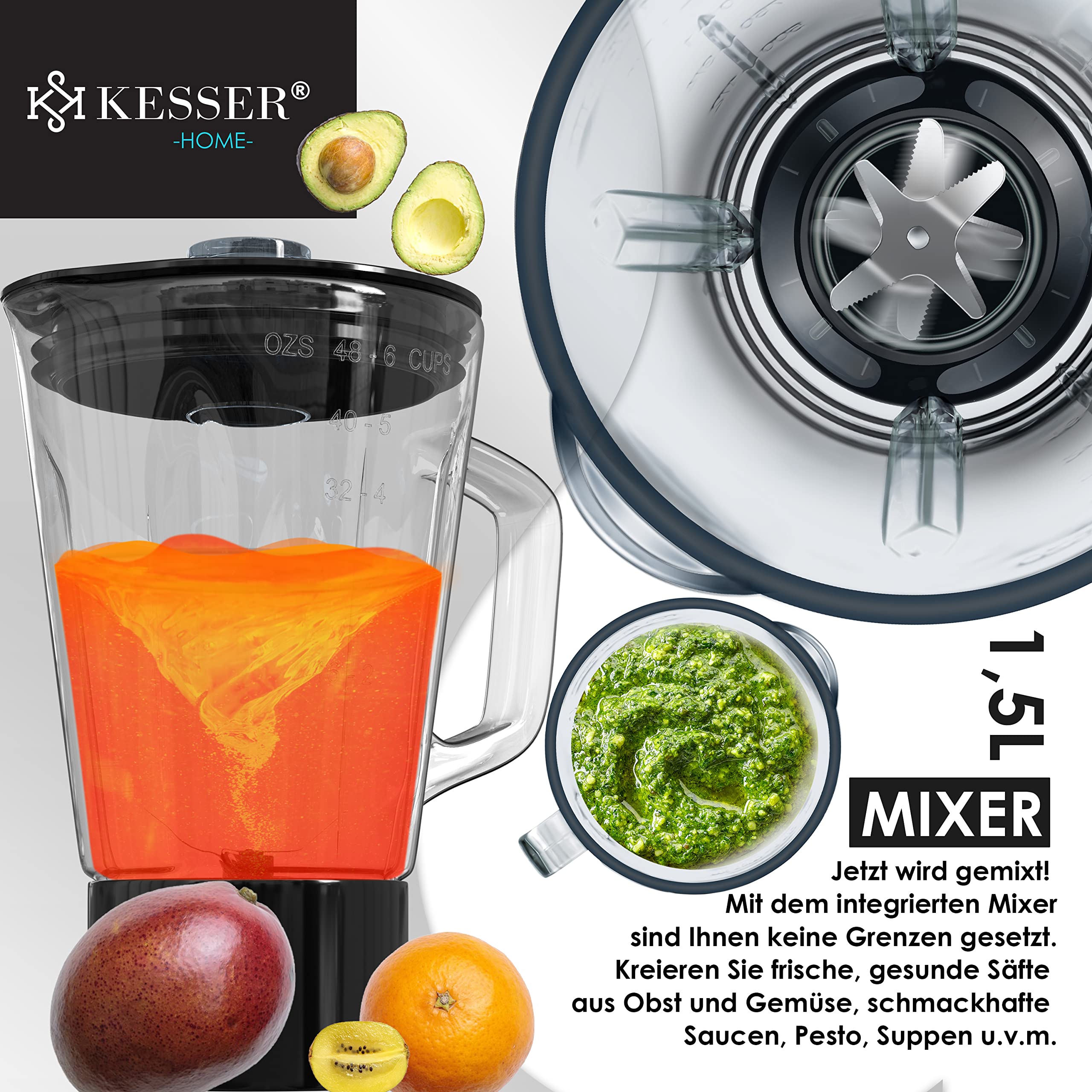 KESSER® 3 in 1 Universal Küchenmaschine K-KM 3000 mit Fleischwolf Knetmaschine Multifunktionale Rührmaschine 5,5L Schüssel mit 3 Rührwerkzeuge, 1,5L Entsafter, Zubehör-Set, Pasta & Gebäckformen