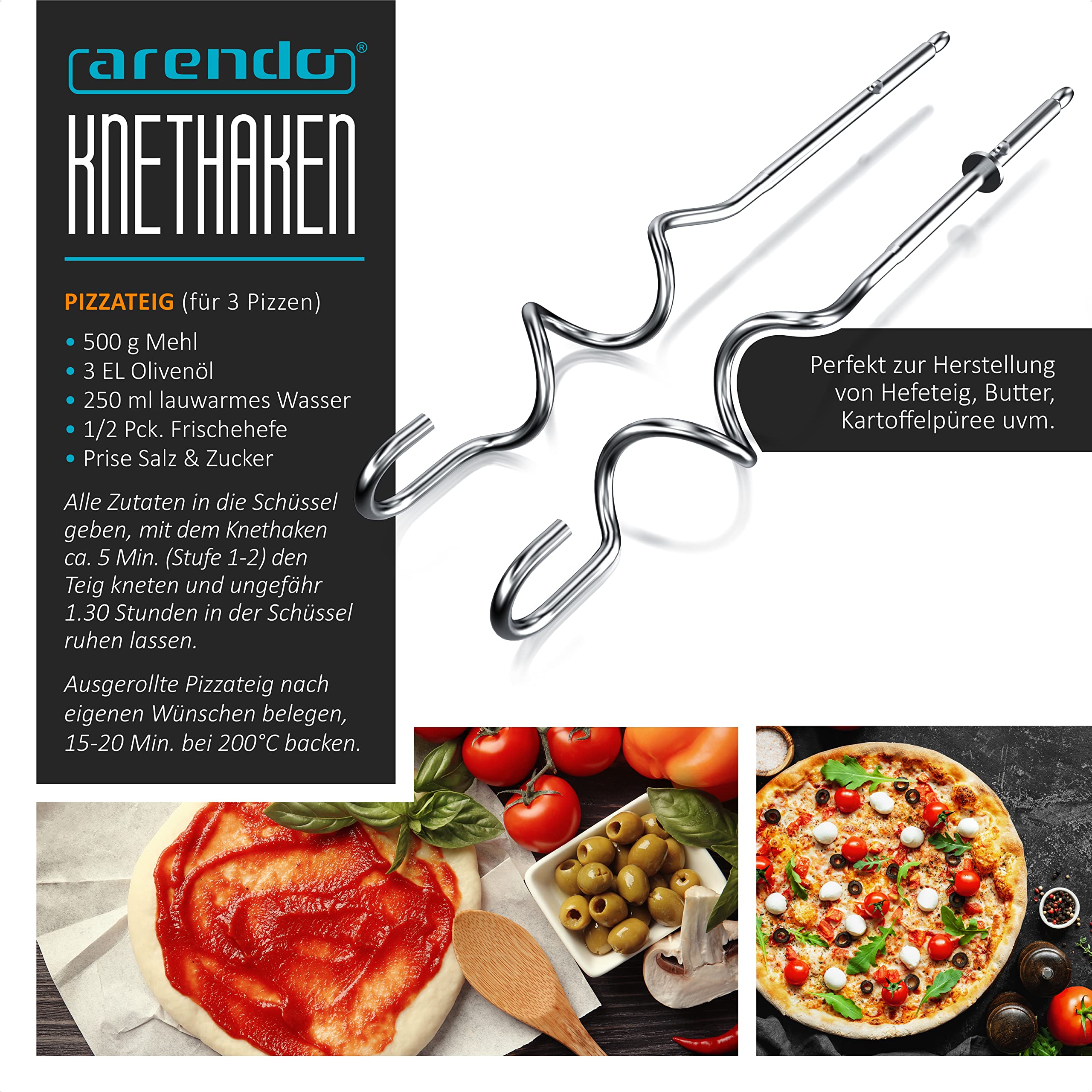 Arendo - Elektrischer Handmixer Handrührer 500 W - inkl. 2 Rührbesen und 2 Knethaken aus Edelstahl – Handrührgerät - Hakenentriegelung – Turbotaste – Thermosicherung – Edelstahloptik - schwarz
