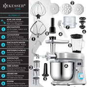KESSER® 3 in 1 Universal Küchenmaschine K-KM 3000 mit Fleischwolf Knetmaschine Multifunktionale Rührmaschine 5,5L Schüssel mit 3 Rührwerkzeuge, 1,5L Entsafter, Zubehör-Set, Pasta & Gebäckformen