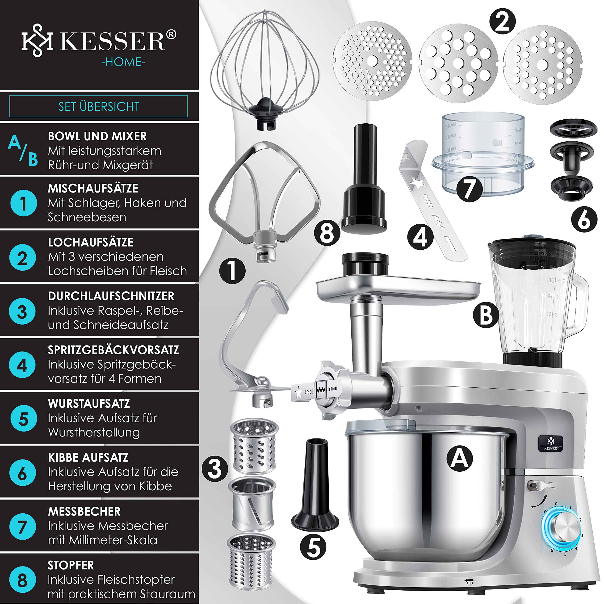 KESSER® 3 in 1 Universal Küchenmaschine K-KM 3000 mit Fleischwolf Knetmaschine Multifunktionale Rührmaschine 5,5L Schüssel mit 3 Rührwerkzeuge, 1,5L Entsafter, Zubehör-Set, Pasta & Gebäckformen